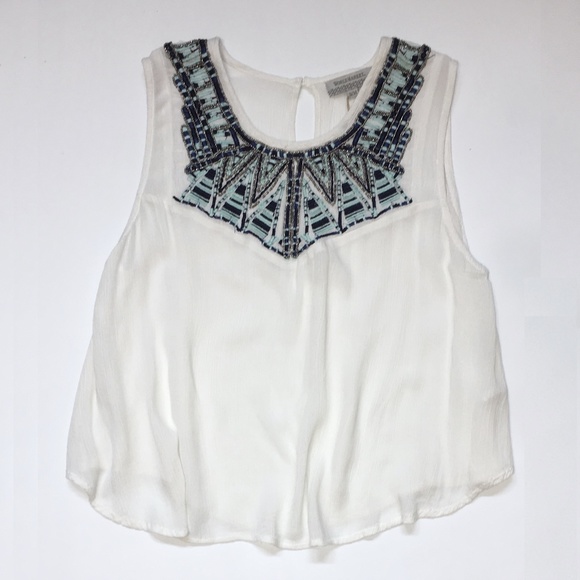 White with Blue Embroidery Tank Top Small - Picture 1 of 3